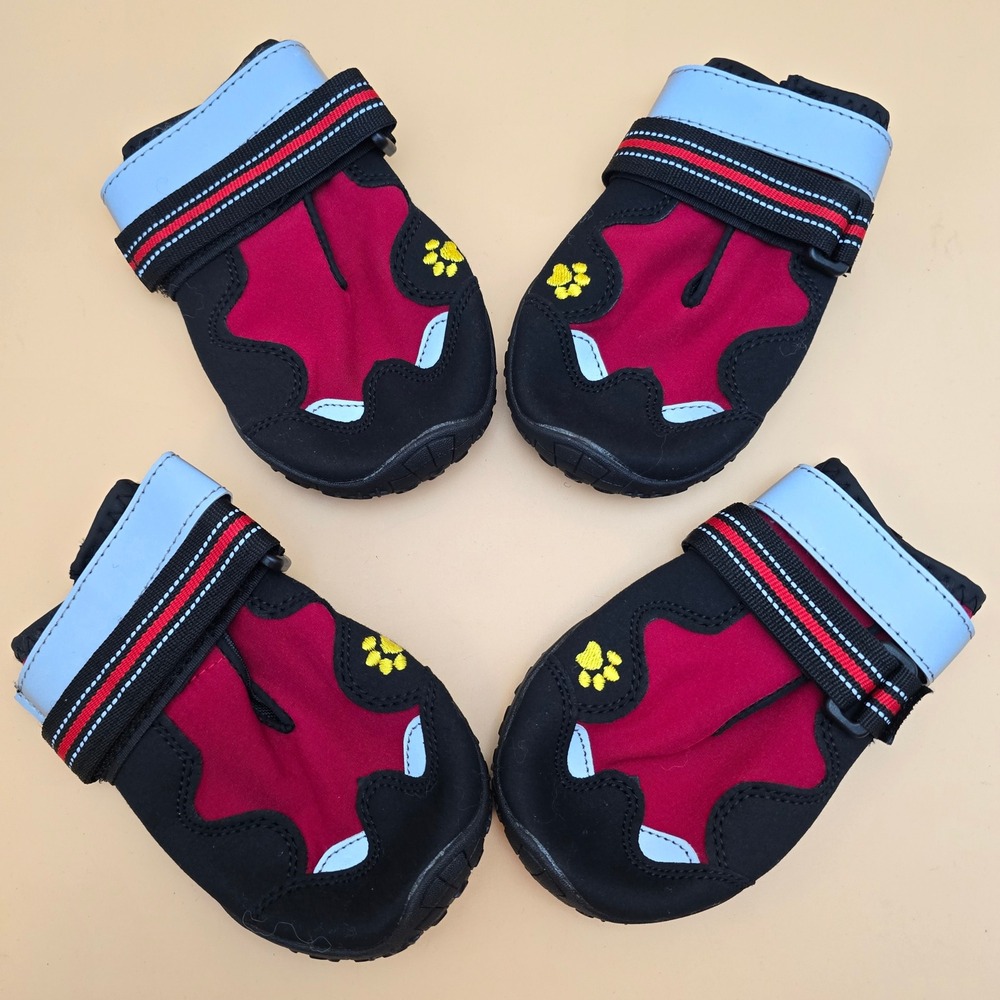 Outdoor Dog Boots Non-Slip Rugged Sole Reflective Straps Red Black Size 8 Set 4